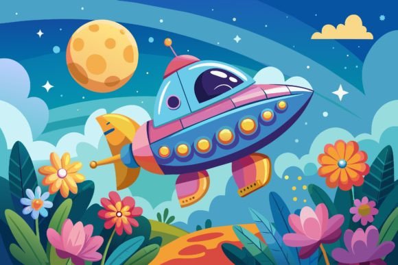 Download Spaceship Sky Cartoon with Flowers on a - Art Collection