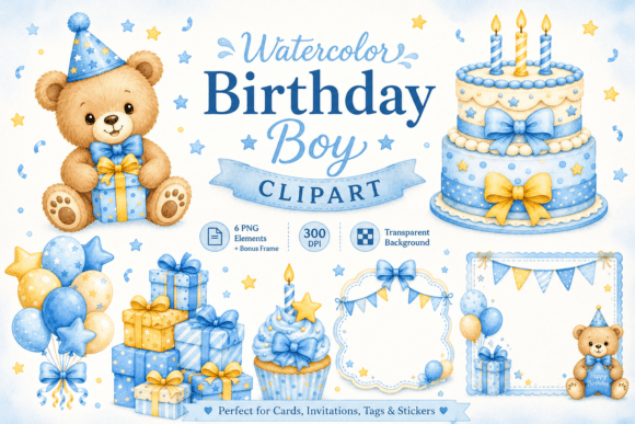 Download Watercolor Birthday Boy Card Elements - Car Collection