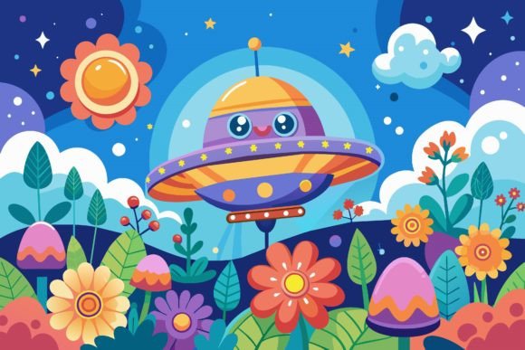 Download Spaceship Sky Cartoon with Flowers on a - Art Collection