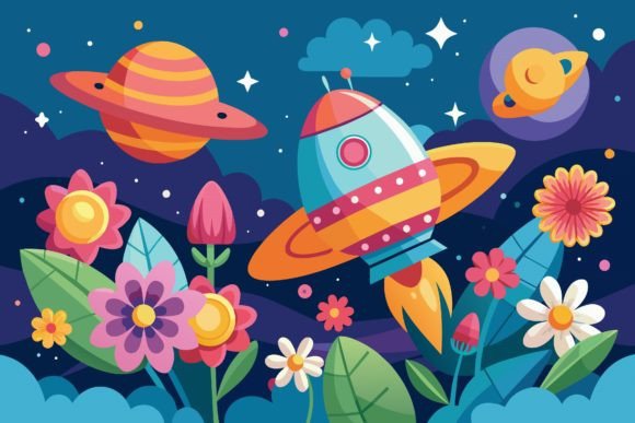 Download Spaceship Sky Cartoon with Flowers on a - Art Collection
